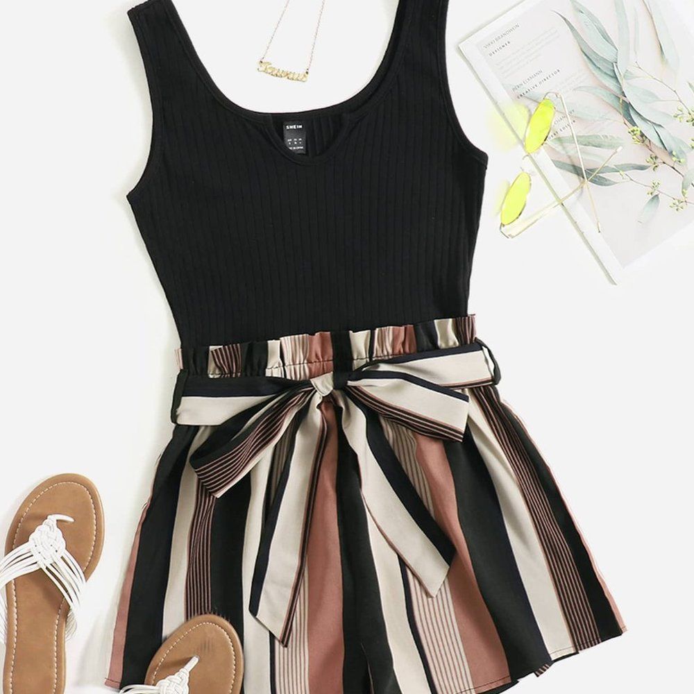 New Notched Neck Block Stripe Belted Tank Romper Black